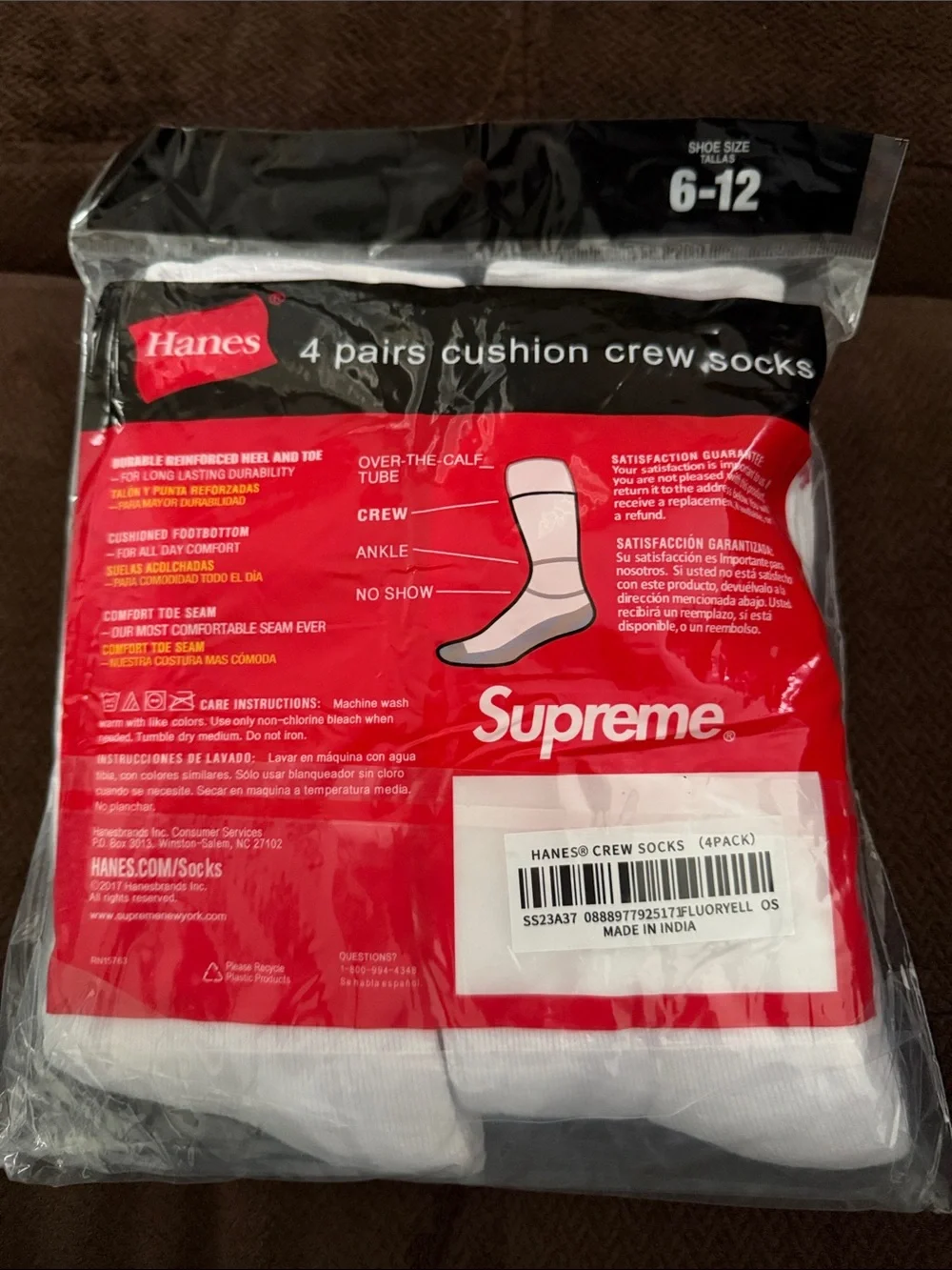 Hanes White Crew Socks with Red Supreme Logo - 4 Pairs